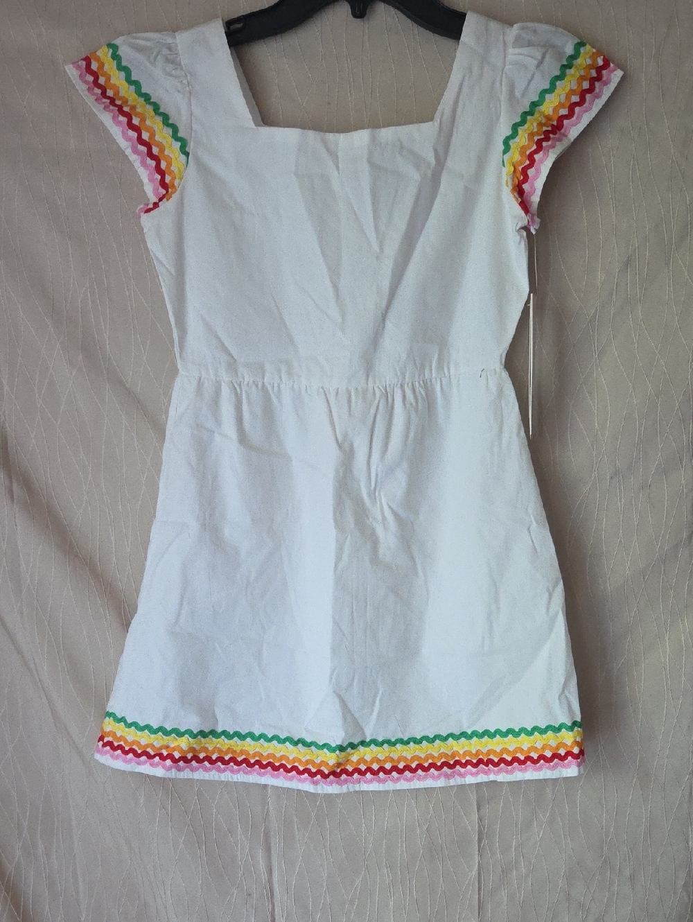 Aqua White Cotton Dress with Rainbow Ric-Rac Trim
